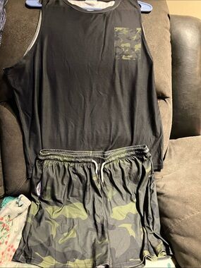 Woman’s  Black Tank with Olive Camo Pocket + Matching Camo Shorts XL